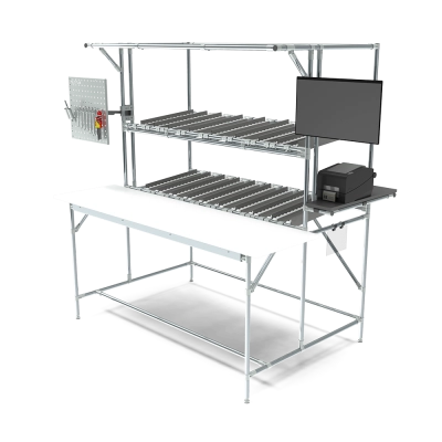 Packing table with roller tracks